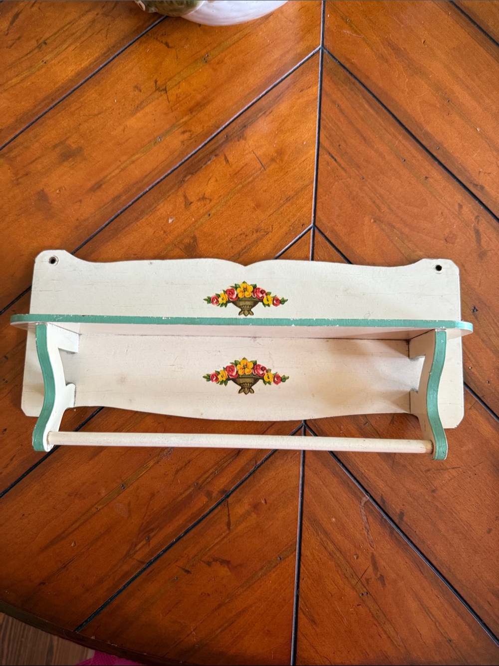 Antique 1930’s Cream Wall Shelf with Green Trim and Floral Motifs
